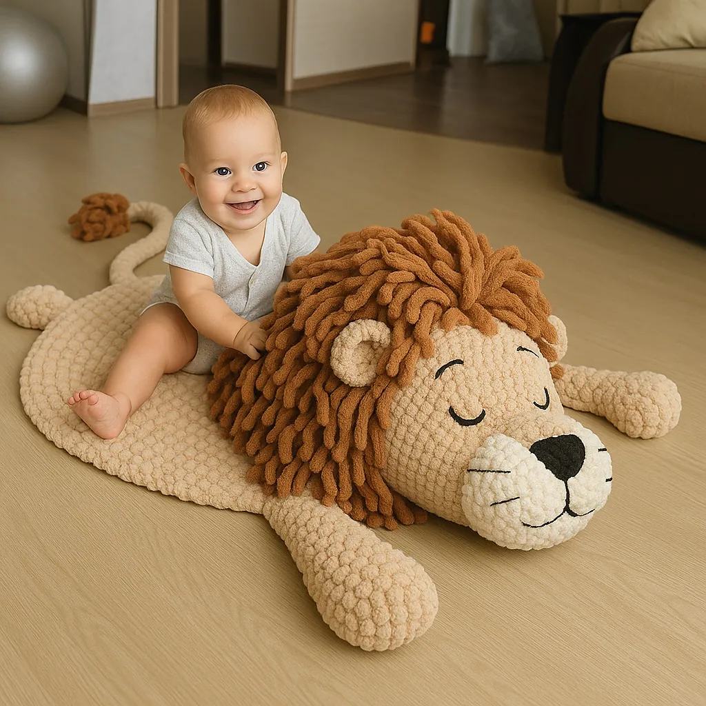 Bebê deitado em tapete amigurumi de leão